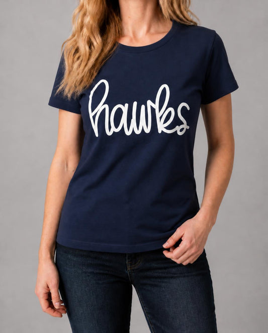 Close-up of the navy cursive hawks tee on a model