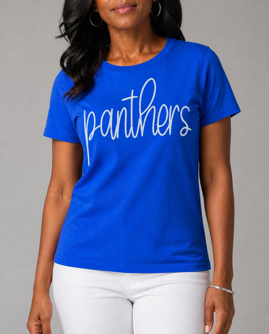 Close-up of the royal blue cursive panthers tee on a model