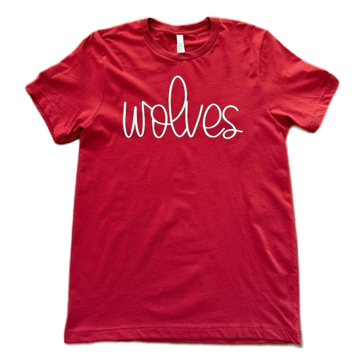 Scarlet women's tee with white cursive wolves print