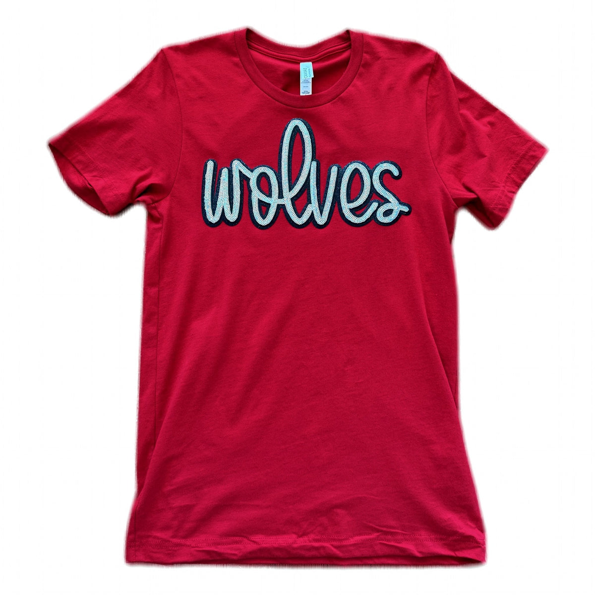 Scarlet women's tee with silver sequin wolves script