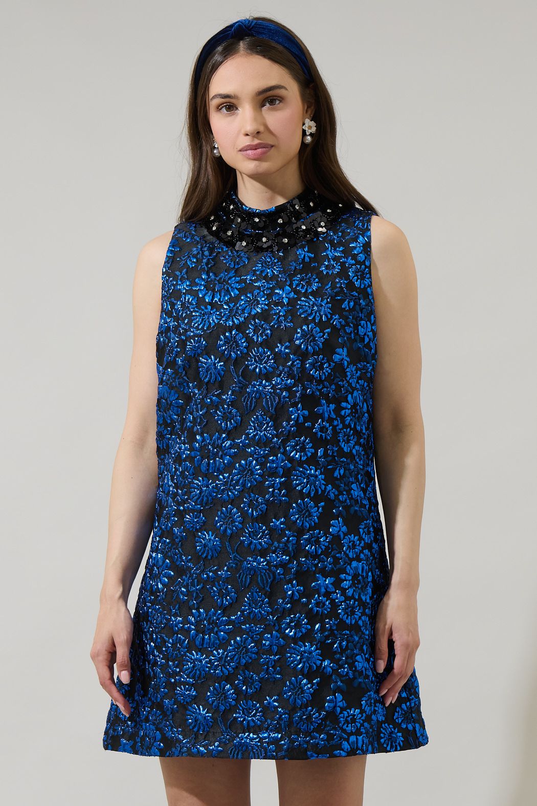 Dress - Blue Jacquard Floral Sleeveless Mini