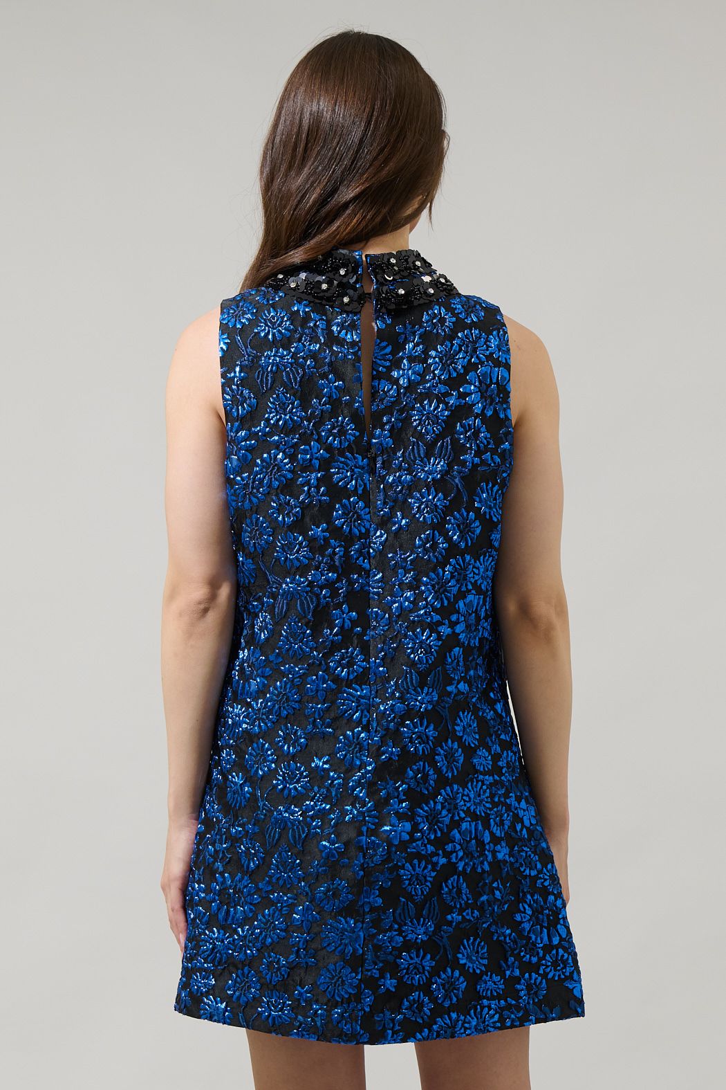 Dress - Blue Jacquard Floral Sleeveless Mini