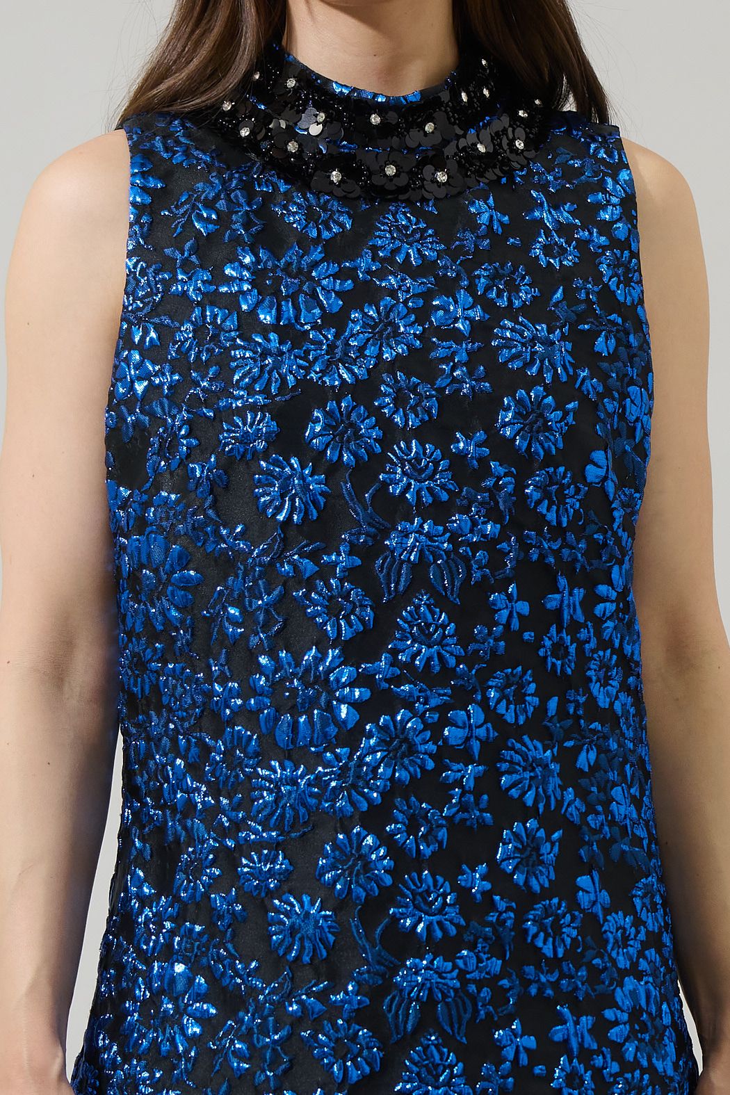 Dress - Blue Jacquard Floral Sleeveless Mini