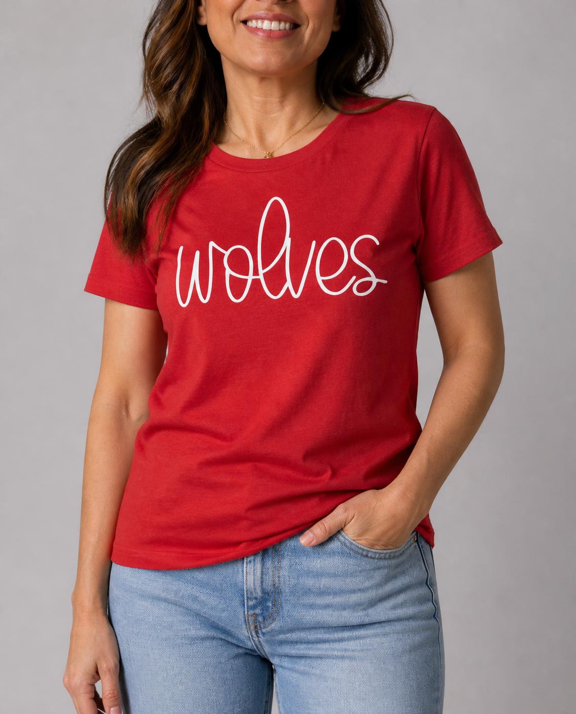 Close-up of the scarlet cursive wolves tee on a model
