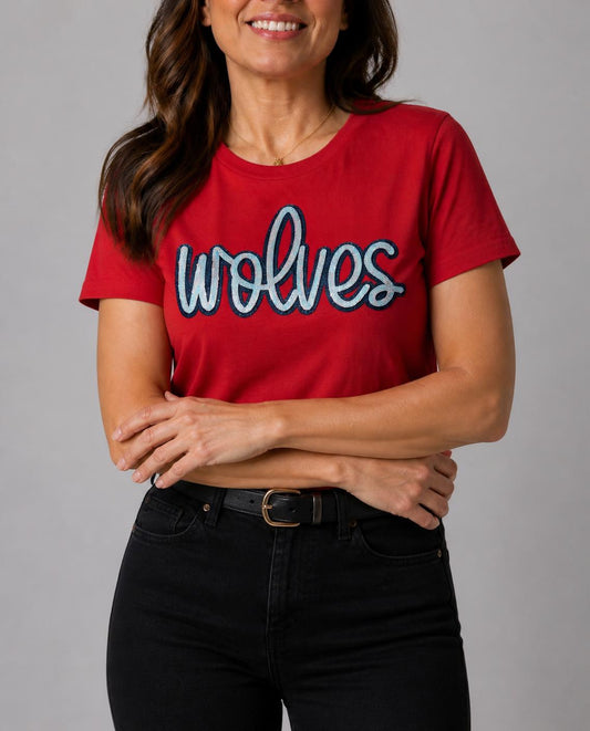 Close-up of the silver sequin wolves script on a model